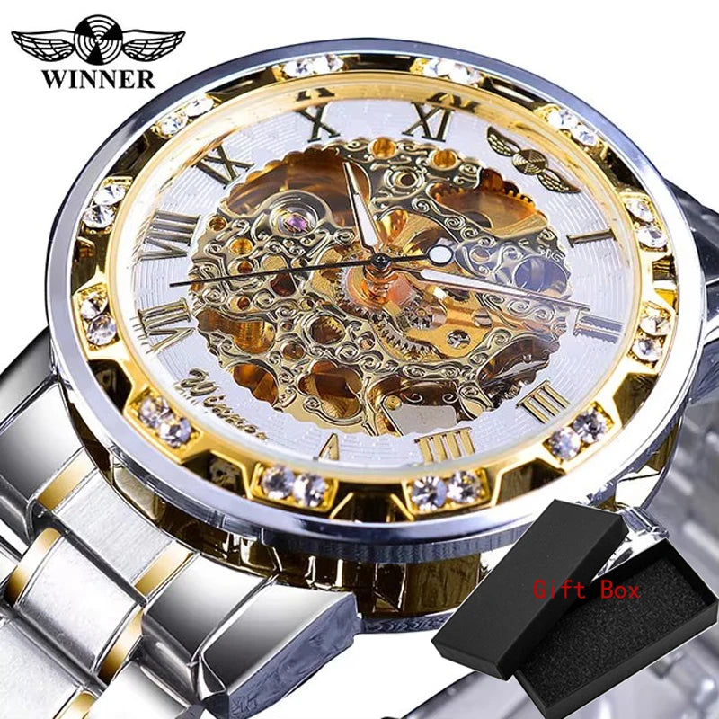 Winner Transparent Fashion Diamond Luminous Gear Movement Royal Design Men Top Brand Luxury Male Mechanical Skeleton Wrist Watch