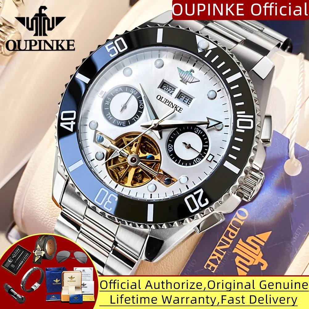 OUPINKE Automatic Mechanical Watches for Men White Black Panda Eye Skeleton Luxury Top Brand Sapphire Mirror Male Diving Watches