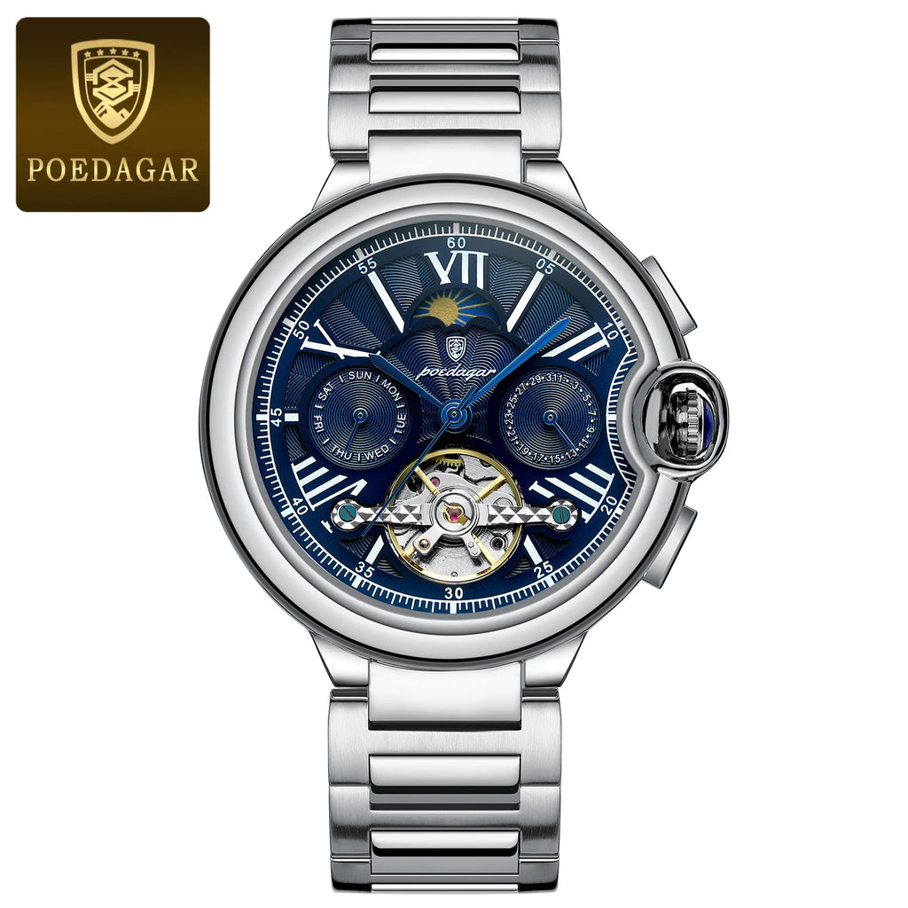 POEDAGAR Luxury Man Watch Tourbillon Date Week Stainless Steel Men Watch Waterproof Automatic Mechanical Military Men's Watches