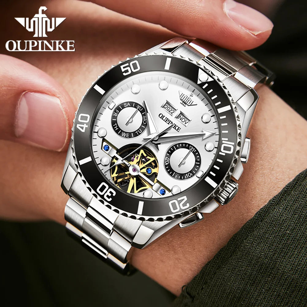 OUPINKE Automatic Mechanical Watches for Men White Black Panda Eye Skeleton Luxury Top Brand Sapphire Mirror Male Diving Watches