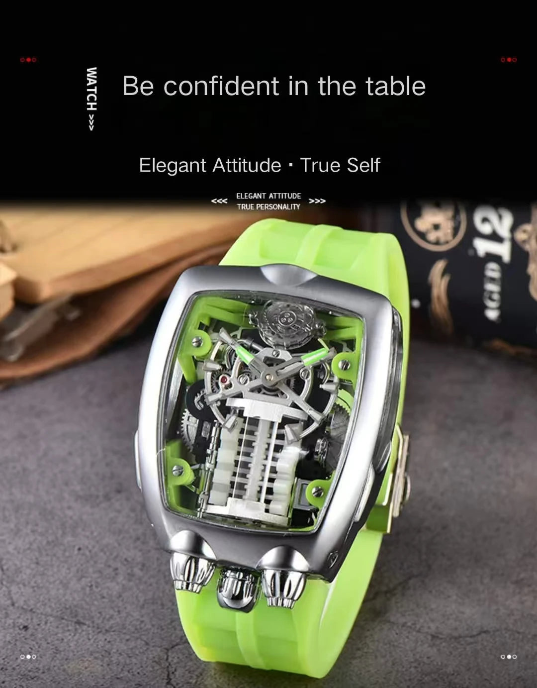 2025 new transparent waterproof men's quartz watch, unique hollow wine barrel shaped leisure watch