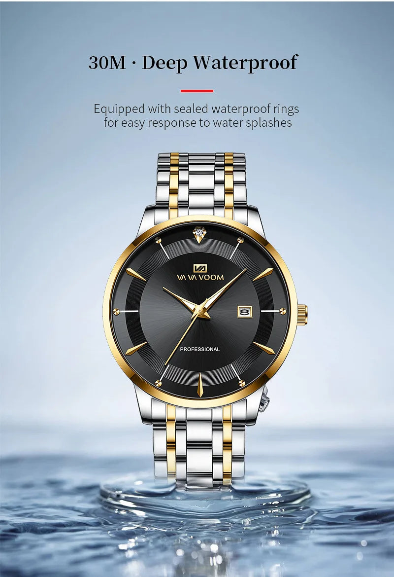 VA VA VOOM Fashion Men's Watches Waterproof Stainless Steel Business Simple Night Light Date Top Brand Quartz Watch for Men