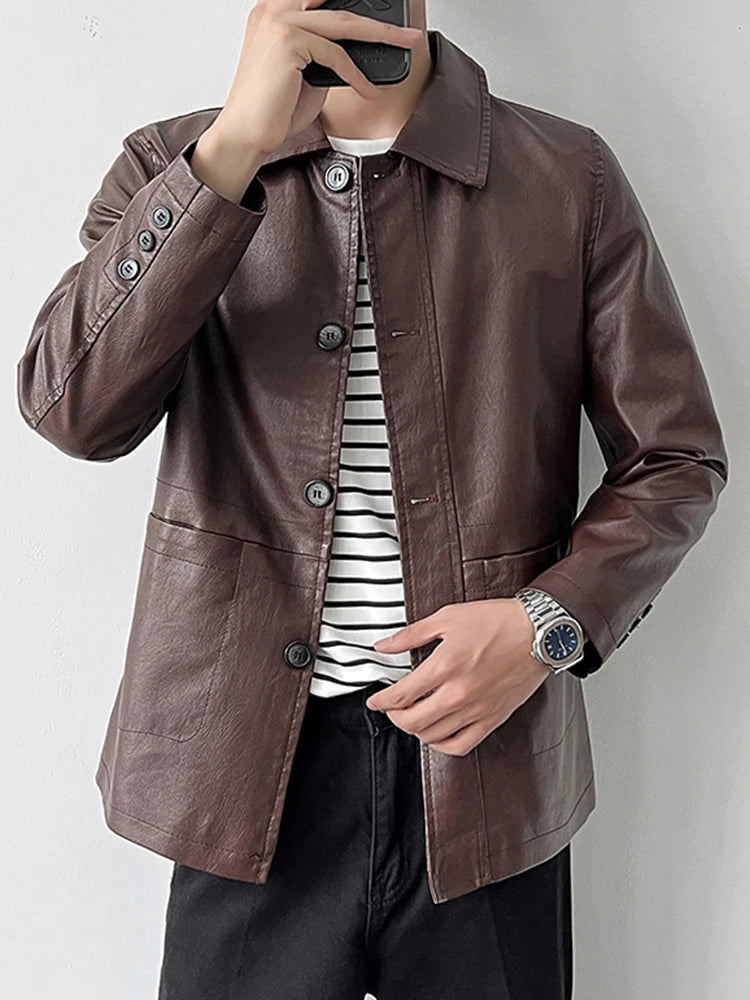 Mens Motorcycle Jacket PU Leather Coat Mid-Long Length with Notched Lapel Collar for Spring Autumn Casual Wear Windbreaker