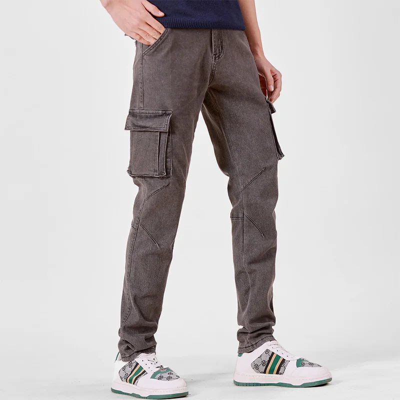 Men's Street Style Elastic Waist Denim Cargo Pants Solid Color Washed Slim Fit Casual Jeans with Multiple Pockets for Daily Wear