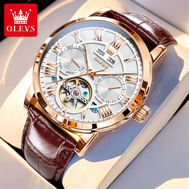 OLEVS 6668 Luxury Skeleton Automatic Mechanical Men Watch Top Brand Movement Roman Scale Calendar Waterproof Business Men Watch