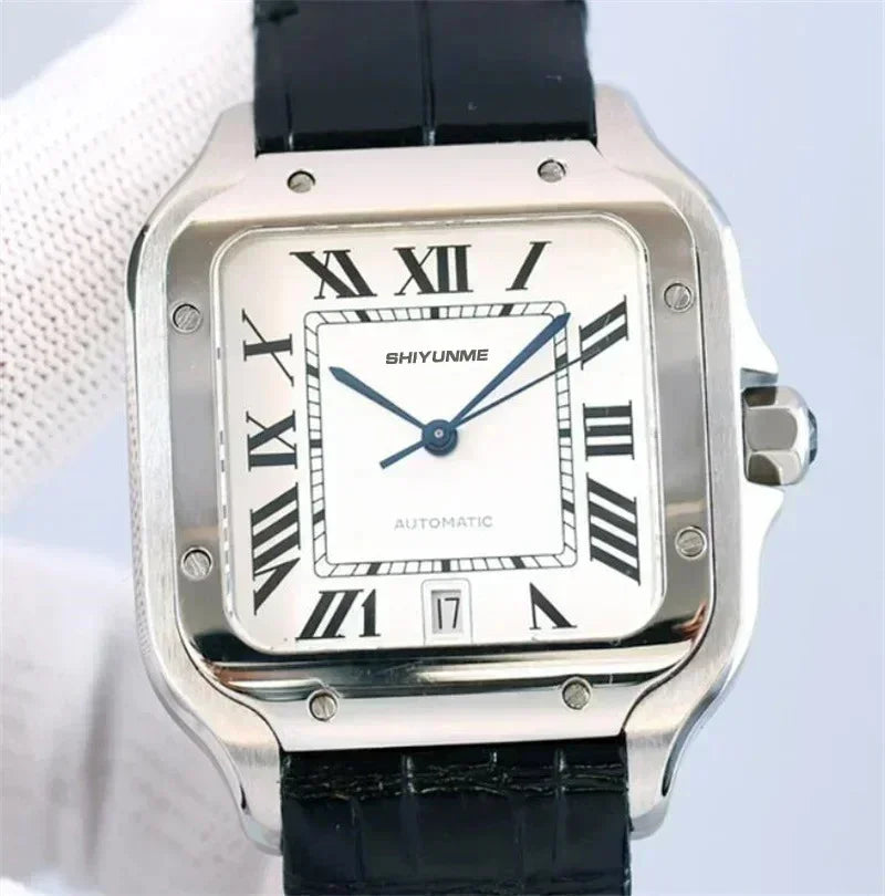 Stainless Steel Mechanical Sports Watch Square Roman Dial Black Leather High Quality Men's Automatic Watch