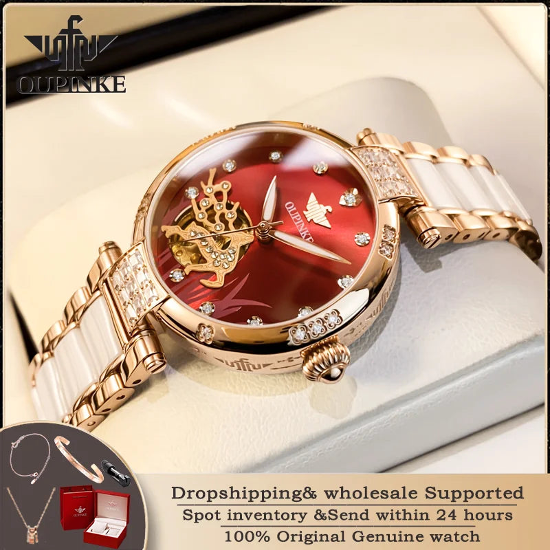 OUPINKE 3211 Women's Watch Elegant Rose Gold Diamond Ceramic Automatic Machinery Women's Watch Luxury Brand Women's Bracelet Set