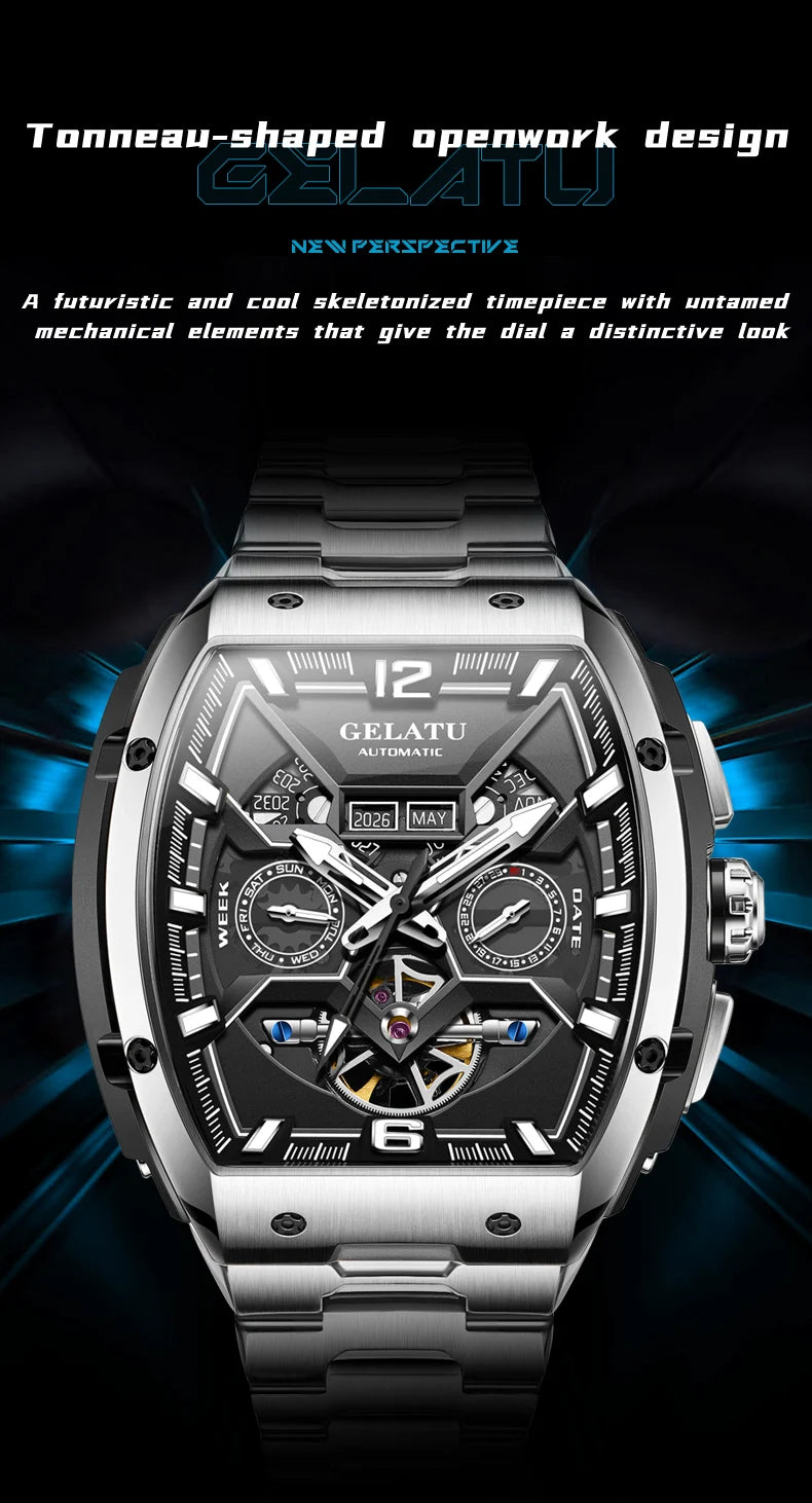 GELATU 6013 Luxury Men Hollow Automatic Mechanical Watch Waterproof Multi functional Original Men Watch Formal Watch Reloj
