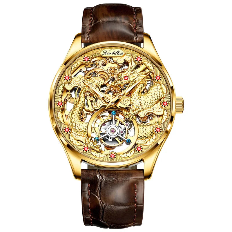OUPINKE 3176 Mens Watch Luxury Top Brand Skeleton Flywheel Automatic Mechanical Watch 50M Waterproof Watch Gold Dragon Dial
