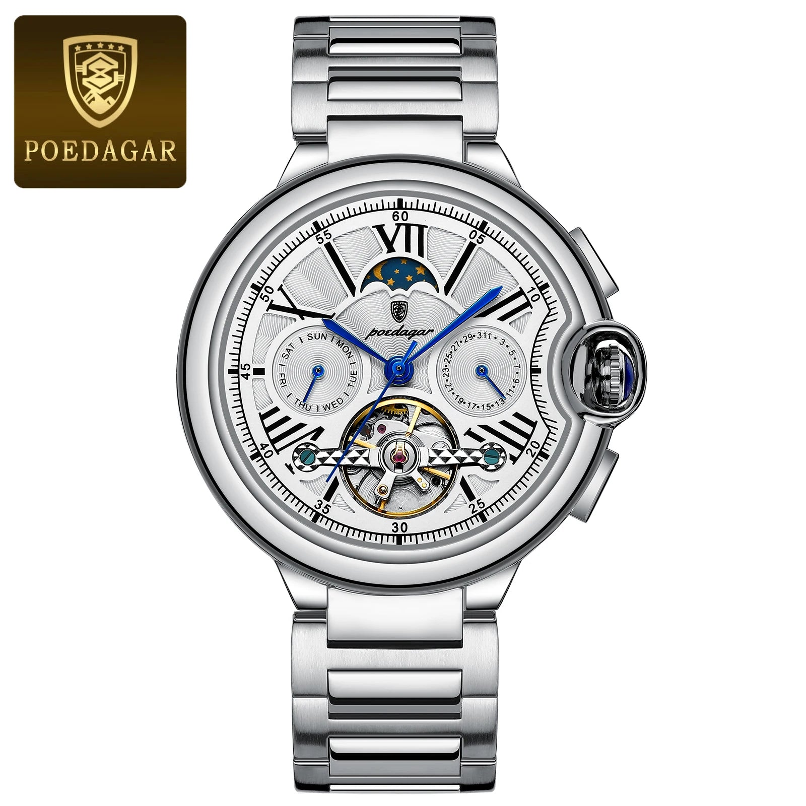 POEDAGAR Luxury Man Watch Tourbillon Date Week Stainless Steel Men Watch Waterproof Automatic Mechanical Military Men's Watches