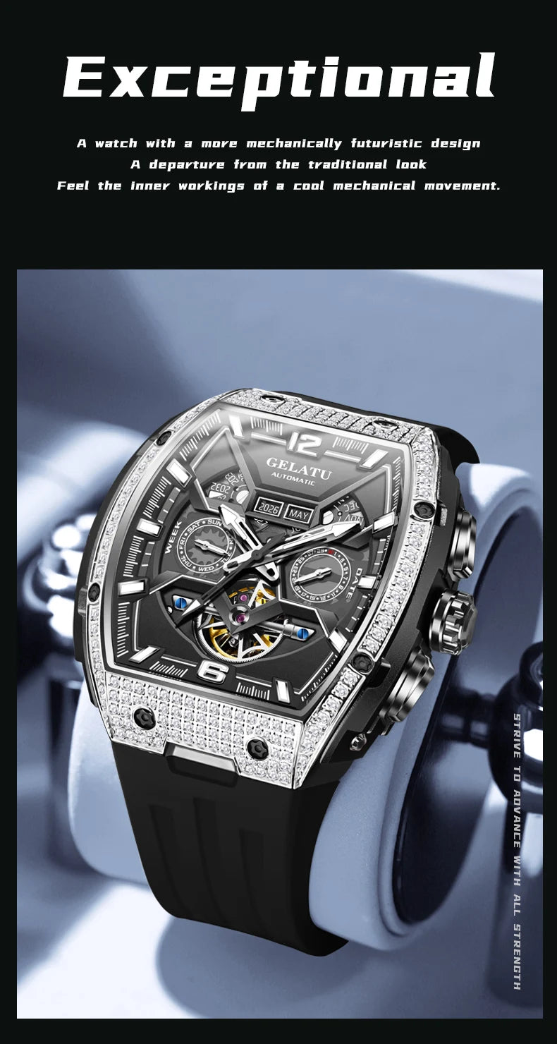 GELATU Top Brand Men's Watches Full Automatic Wristwatch for Man Hollow Mechanical Flywheel Date Week Waterproof Luminous