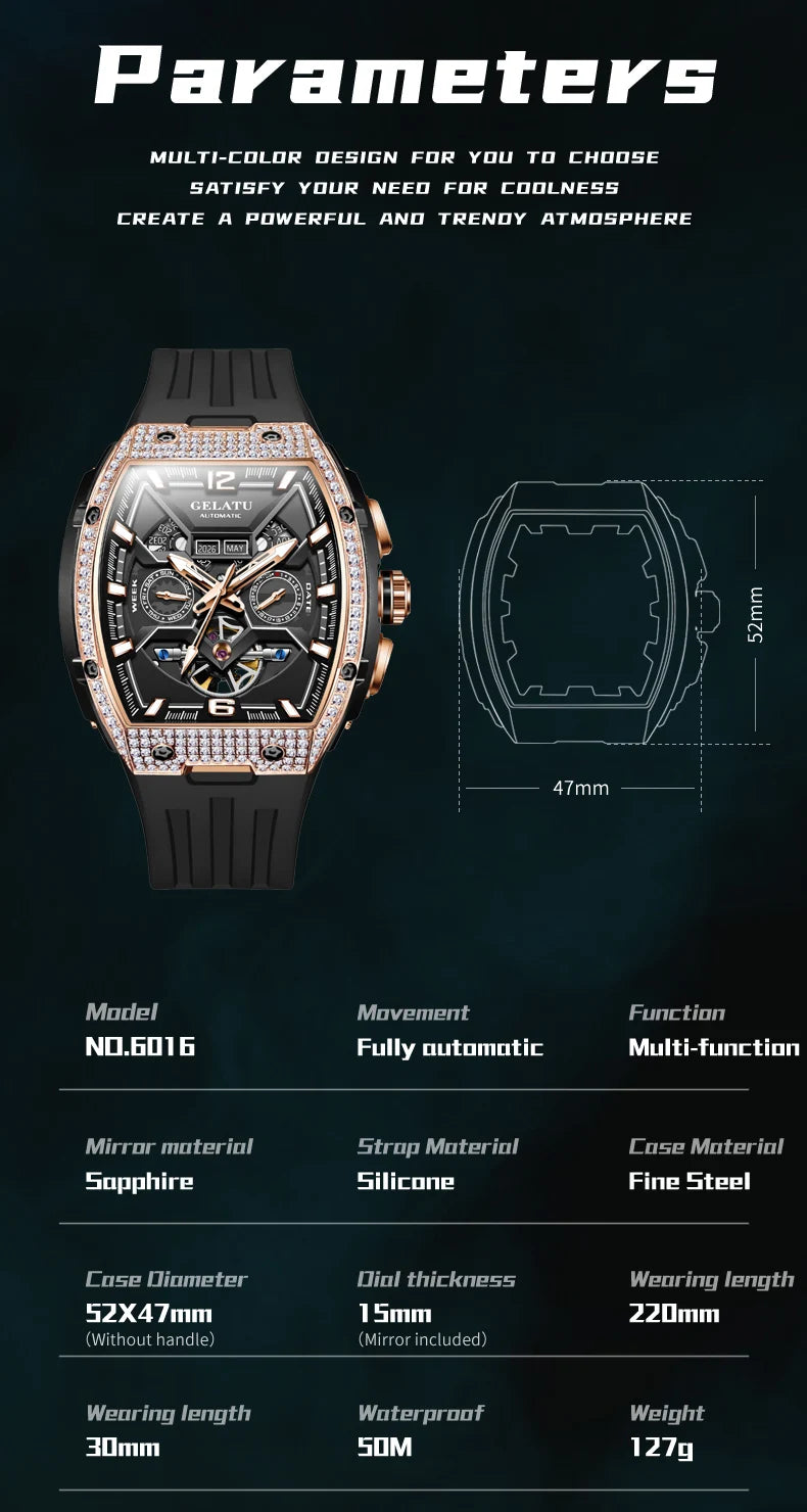 GELATU 6016 Skeleton Flywheel Automatic Men Watch Original Waterproof Silicone Strap Luxury Brand Diamond Men Mechanical Watch
