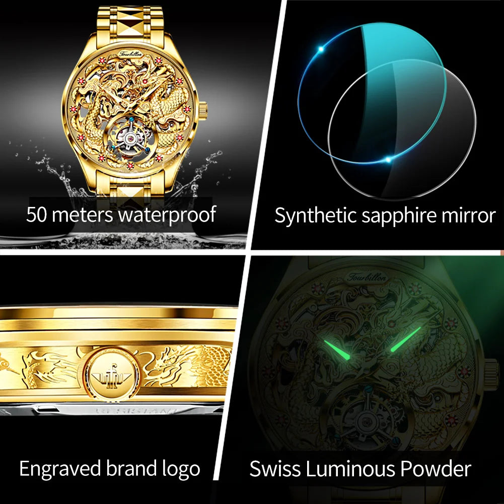OUPINKE Brand 3176 Luxury Gold Dragon Mechanical Watch for Men Real Tourbillon Movement Wristwatch Waterproof Skeleton Watches