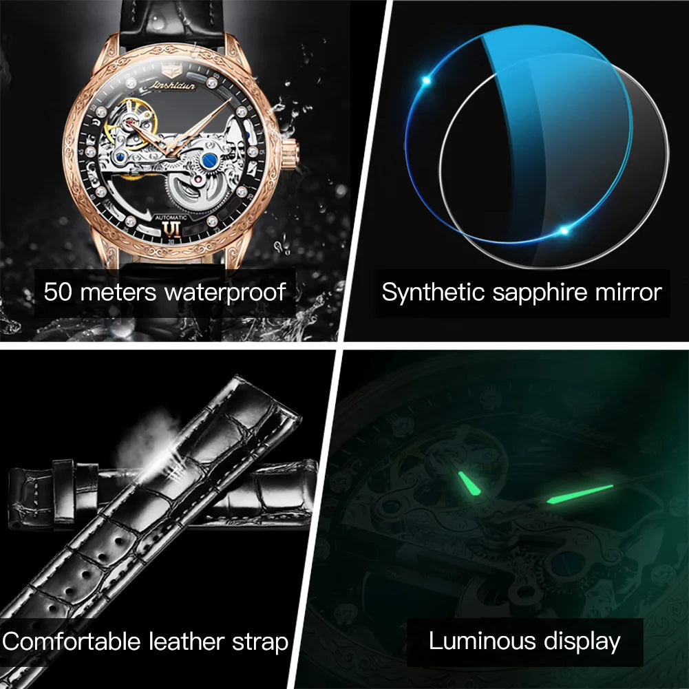 JSDUN 8917 Mens Watch Leather Strap Original Business Multifunctional Mechanical Watch﻿ Waterproof Watches For Man Gifts