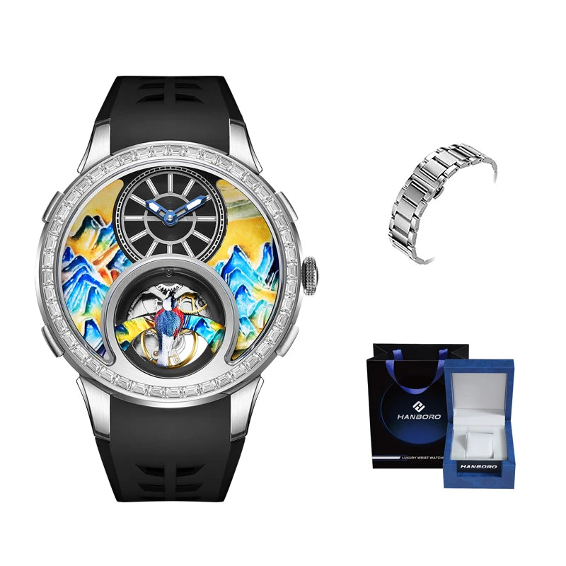 HANBOROThousand Miles Series Oil Painting Personalized Dial Magpie Skeleton Balance Wheel Design Men's Automatic MechanicalWatch