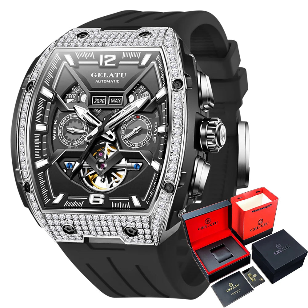 GELATU Top Brand Men's Watches Full Automatic Wristwatch for Man Hollow Mechanical Flywheel Date Week Waterproof Luminous
