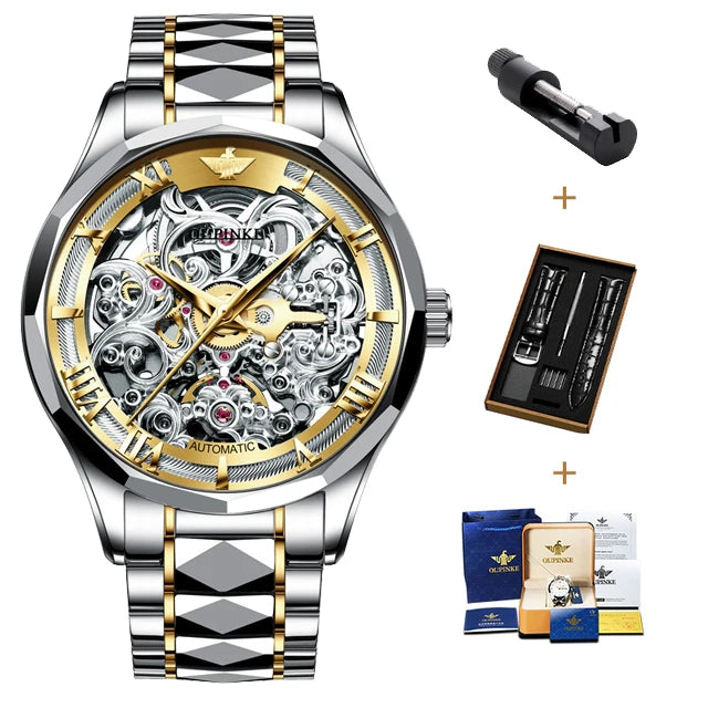 OUPINKE Watches Men Skeleton Automatic Mechanical Wristwatch Luxury Top Brand Sapphire Mirror Tungsten Steel Hollow Montre Homme