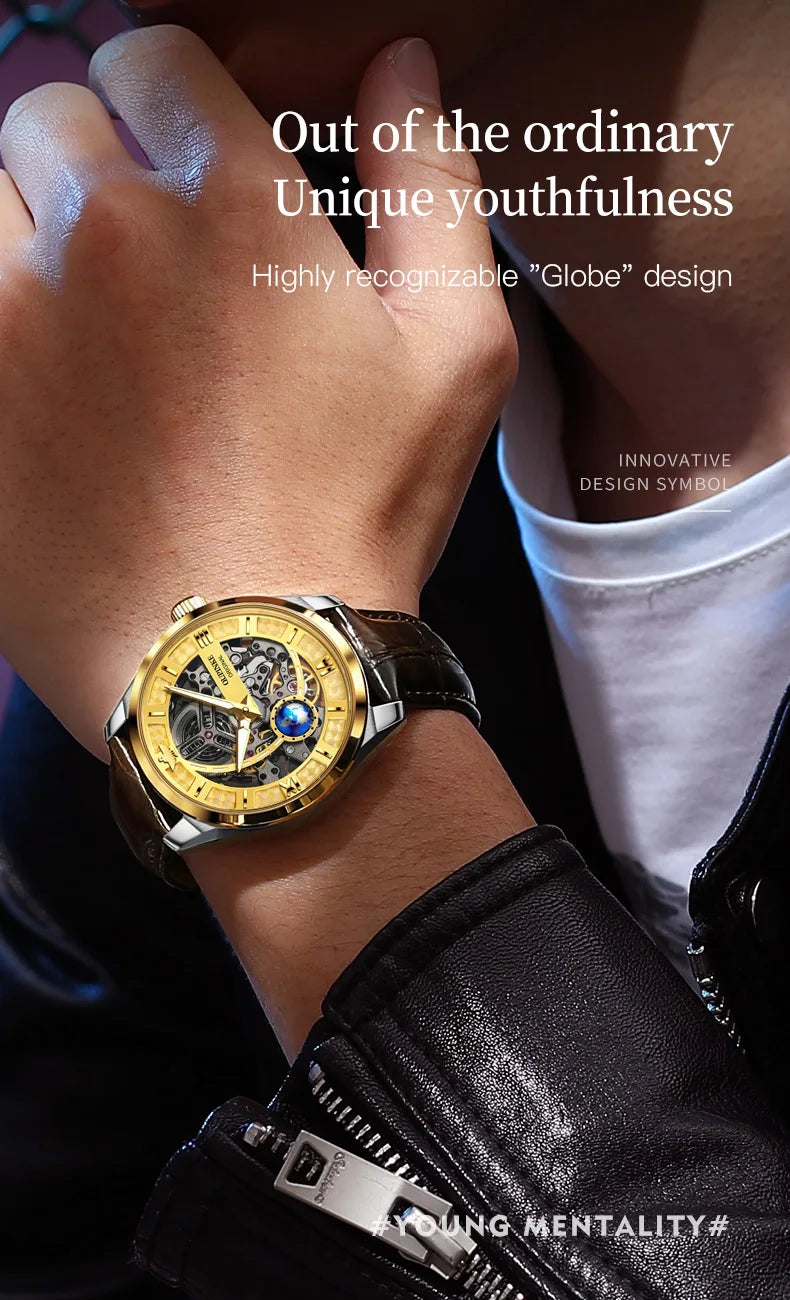 OUPINKE 3268 Man Automatic Watch Top Brand Hollow Deep Waterproof Mechanical Watch For Men Luxury Original Leather Wristwatch
