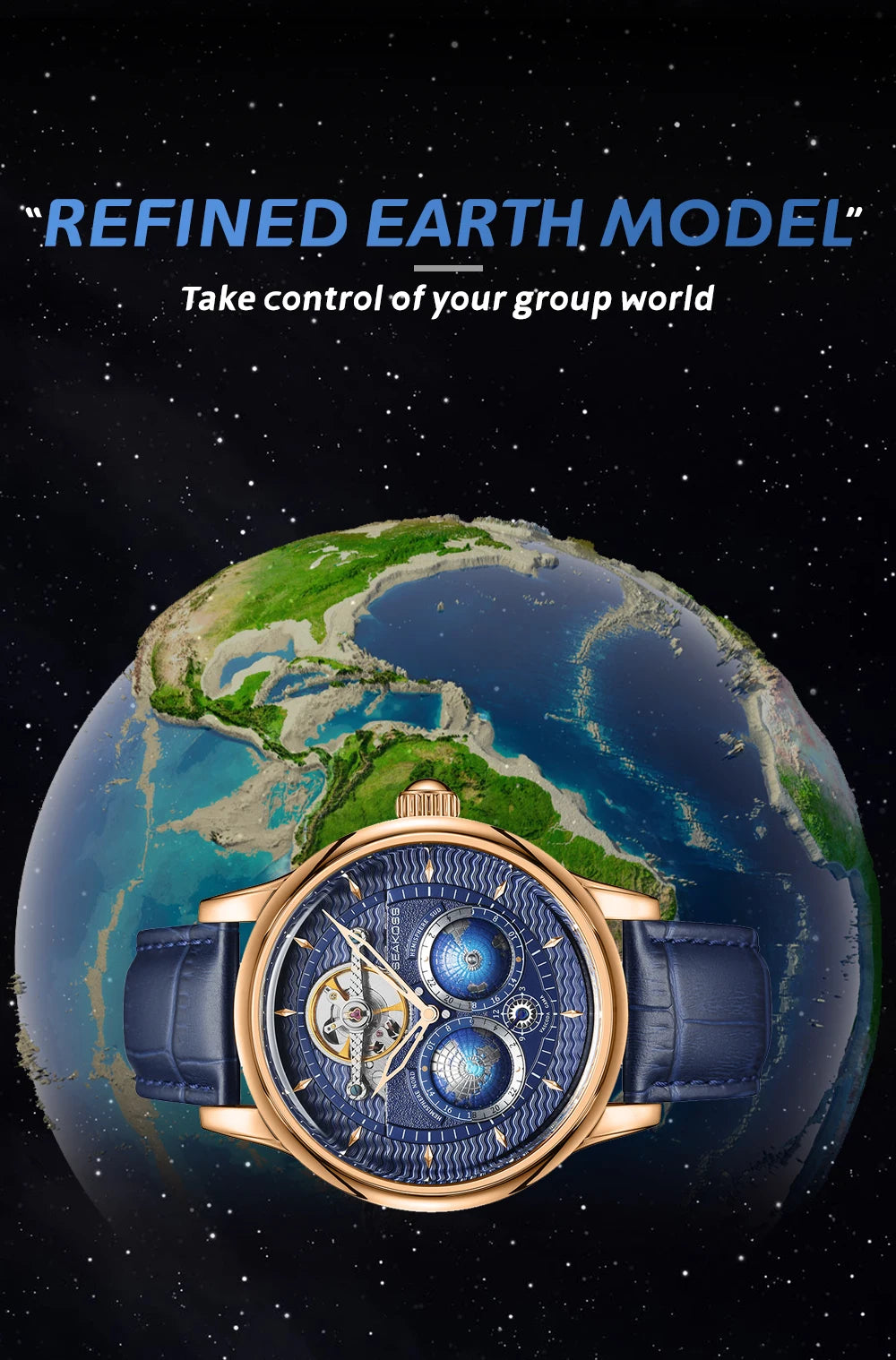 SEAKOSS Luxury Double Earth Rotating Men's Mechanical Watch Automatic Movement Waterproof Clock Pilots Men 1963 Flywheel Watches