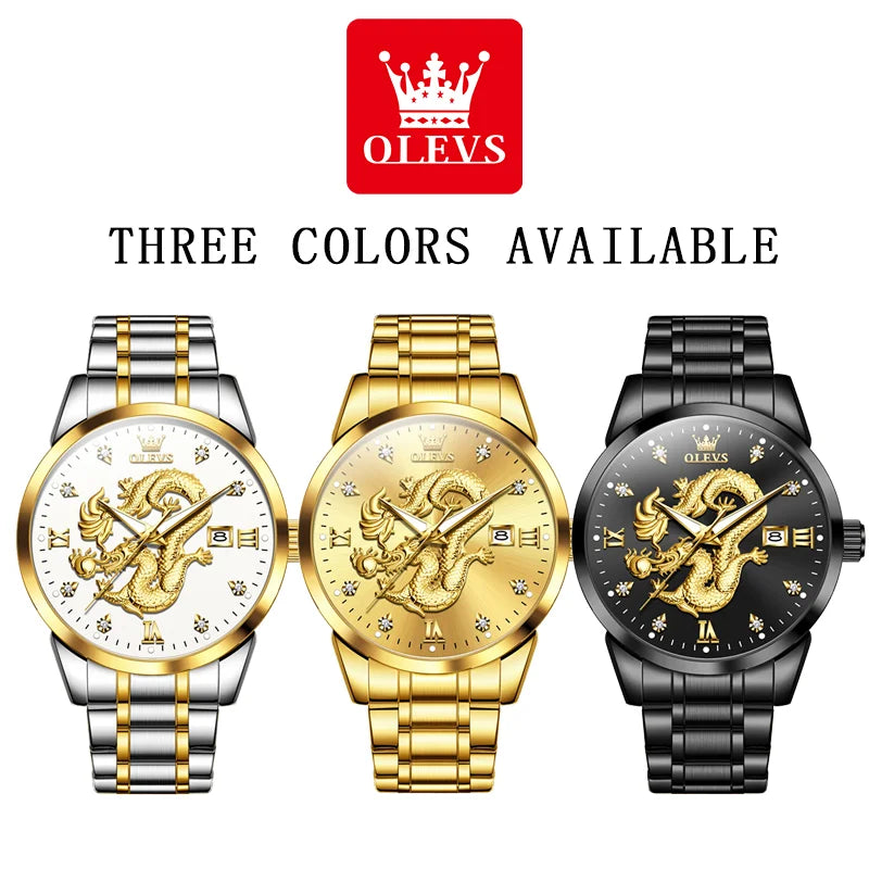 OLEVS 3619 Mens Watch Top Brand Fashion Original Quartz Watch for Man China Loong Dragon Dial Waterproof Luminous Date Reloj
