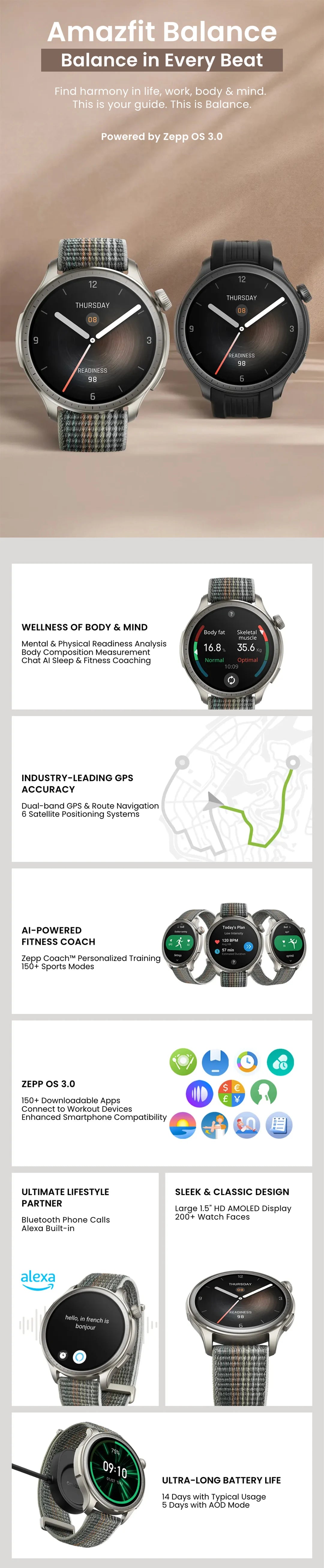 [Refurbished] Amazfit Balance 46mm Smart Watch 150+Sports Modes 14-Day Battery Dual-Band GPS SmartWatch For Android IOS Phone