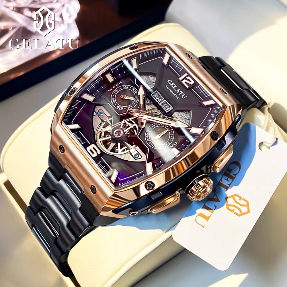GELATU 6013 Luxury Men Hollow Automatic Mechanical Watch Waterproof Multi functional Original Men Watch Formal Watch Reloj