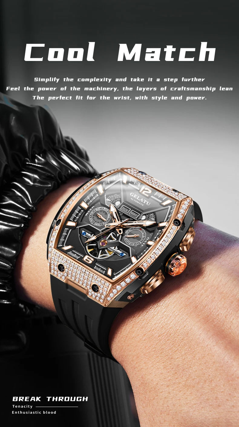 GELATU 6016 Skeleton Flywheel Automatic Men Watch Original Waterproof Silicone Strap Luxury Brand Diamond Men Mechanical Watch