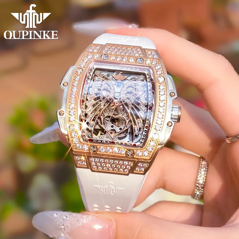 OUPINKE Women's Watches Luxury Fashion Love Diamond Dial Original Automatic Mechanical Watch for Ladies Waterproof Sapphire