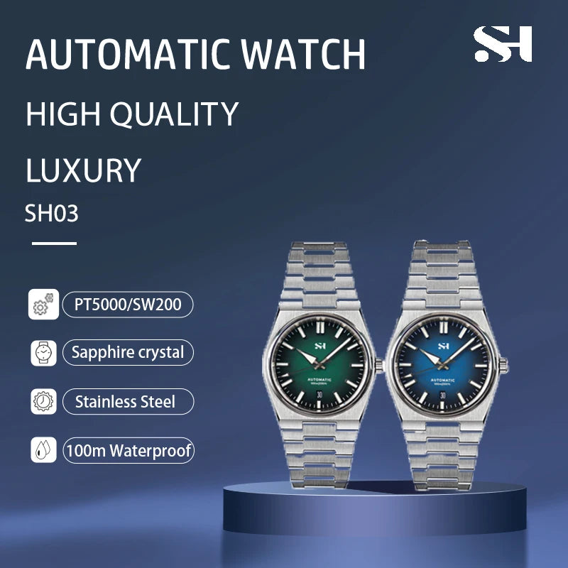 SH Stainless Steel Automatic Diver Men Watch PT5000 SW200 Full Brushed Bracelet See-Through Back 10ATM Waterproof PRX Watch