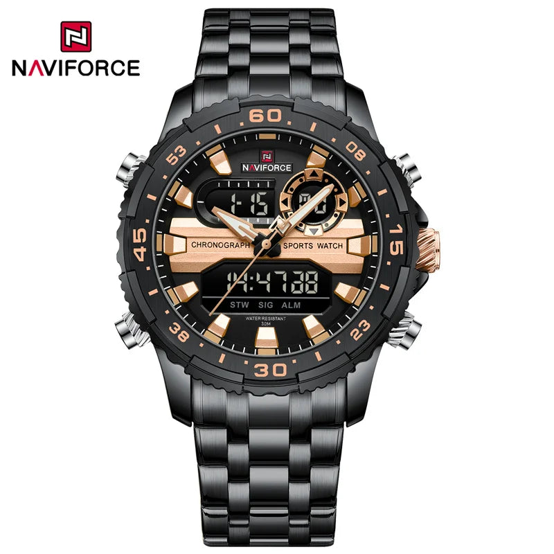 NAVIFORCE Men's Watch Luxury Waterproof Sports Chronograph Quartz Steel Band Wristwatch Digital Date and Week Display Male Clock