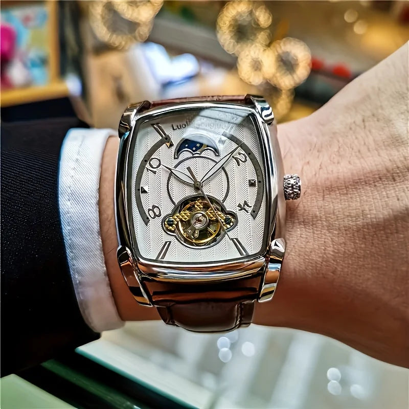 [Luxury Tourbillon Mechanical Watch] Light Luxury Tourbillon Mechanical Watch for Men - Fully Automatic High-End Fashion Trend Hollow Business Casual Men's Watch - Sun, Moon, Star, Barrel Shape, Temperament Large Plate, Gift