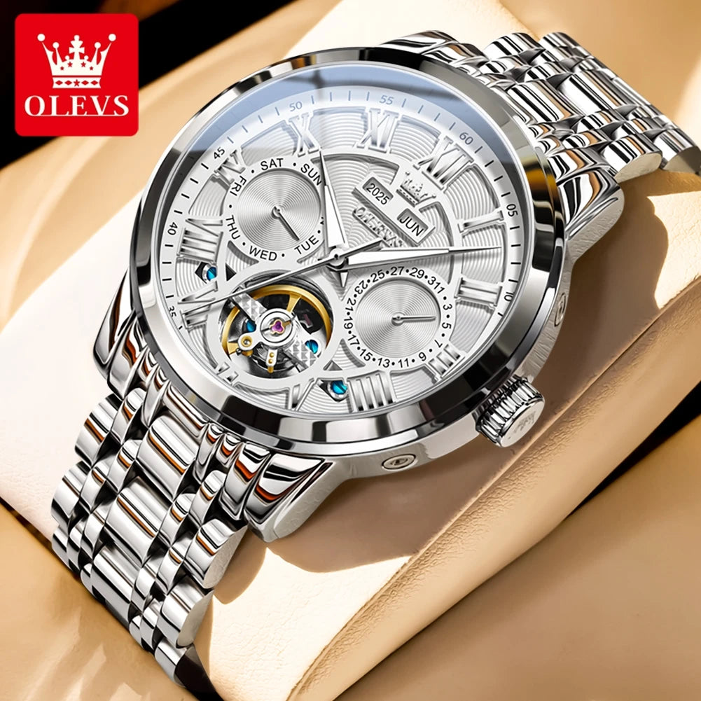 OLEVS 6668 Luxury Skeleton Automatic Mechanical Men Watch Top Brand Movement Roman Scale Calendar Waterproof Business Men Watch