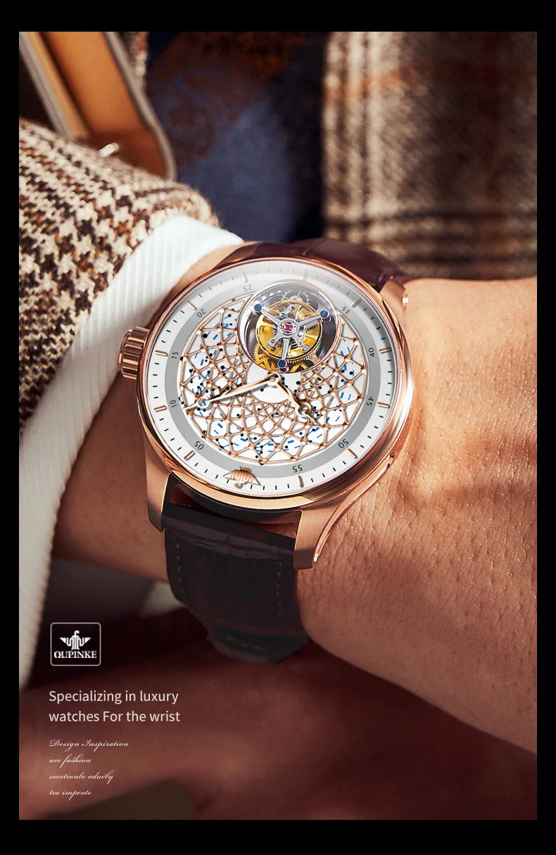 OUPINKE 8002 Watch Man Hollow Deep Waterproof Tourbillon Mechanical Watch For Men Synthetic Sapphire Mirror Fashion Hand Clock