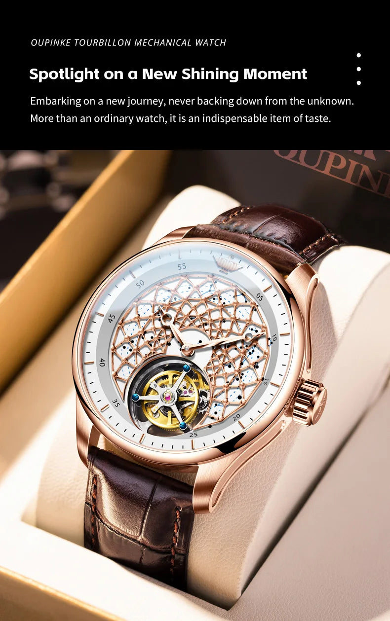 OUPINKE 8002 Watch Man Hollow Deep Waterproof Tourbillon Mechanical Watch For Men Synthetic Sapphire Mirror Fashion Hand Clock