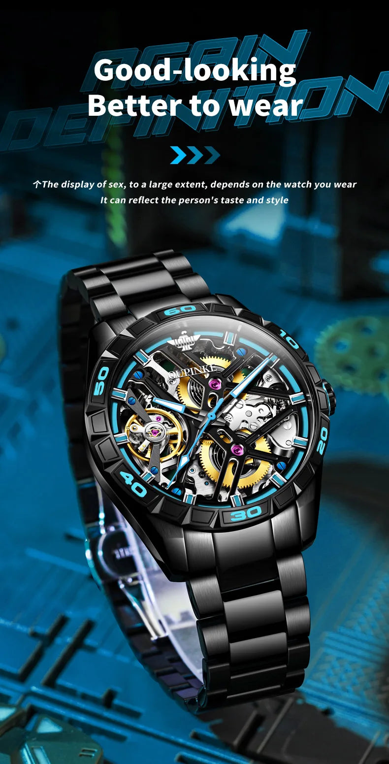 OUPINKE 3196 Blue Watch for Men Original Automatic Movement Deep Waterproof Hollow Out Mechanical Wristwatch Men