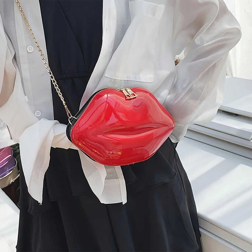 1pc Niche Red Lip Shaped Chain Bag, Novelty Mini Shoulder Bag, Women's Stylish Zipper Bag