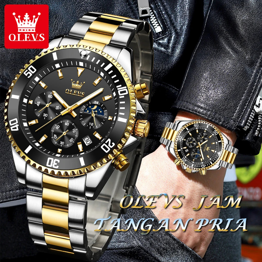 OLEVS Moon Phase Men's Watches Original Waterproof Luxury Quartz Watch Stainless Steel Chronograph Date Rota Dial Wristwatch