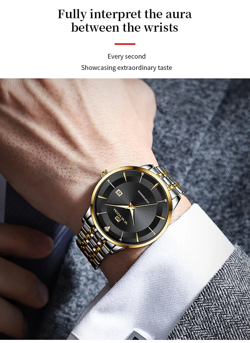 VA VA VOOM Fashion Men's Watches Waterproof Stainless Steel Business Simple Night Light Date Top Brand Quartz Watch for Men