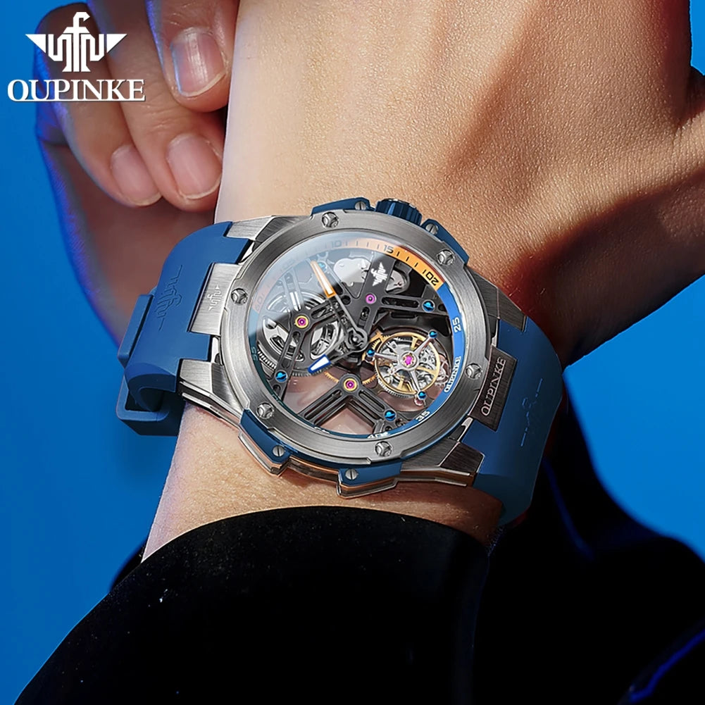 OUPINKE 8003 Real Tourbillon Watch Automatic Mechanical Watch for Men Skeleton Hollowed Transparent High-end Luxury Wristwatches