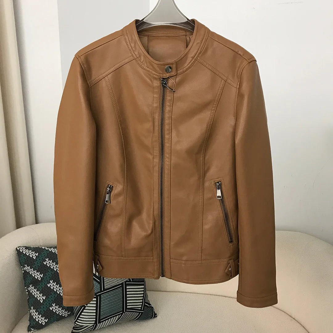 PU Leather Jacket 2024 Spring Autumn Style Round Neck Casual Fashion Slim Versatile Trendy Motorcycle Faux Leather Jacket Women