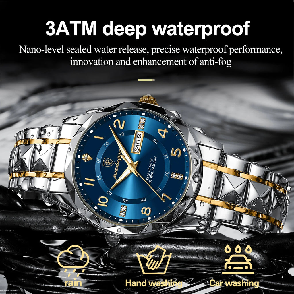 POEDAGAR Luxury Men Watch Waterproof Date Week Luminous Fashion Wristwatch Stainless Steel Quartz Sport Men's Watches Male Reloj