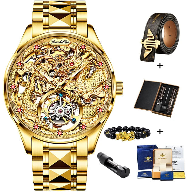 OUPINKE 3176 Real Tourbillon Watch for Men Gold Dragon Watch Skeleton Automatic Mechanical Wristwatch High-end Luxury Man Watch