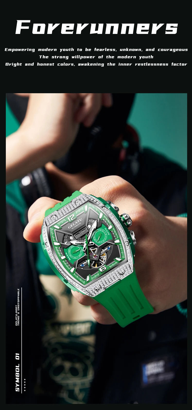 GELATU Top Brand Men's Watches Full Automatic Wristwatch for Man Hollow Mechanical Flywheel Date Week Waterproof Luminous
