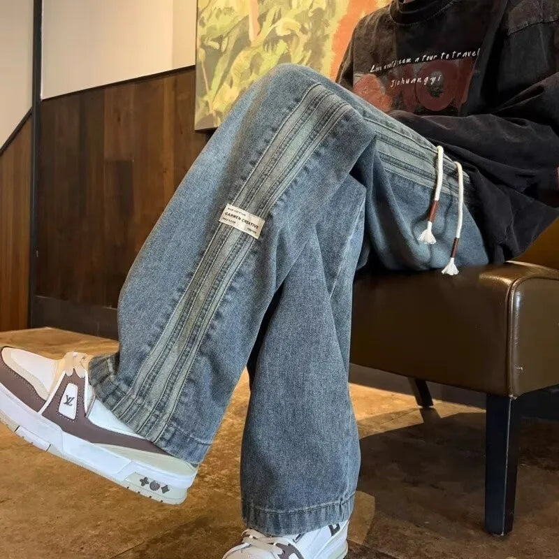 Three bar American retro jeans men's spring and autumn new style high street elastic waist loose casual men's straight leg long