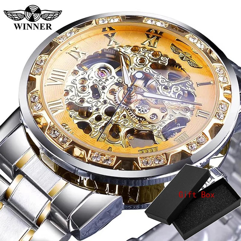 Winner Transparent Fashion Diamond Luminous Gear Movement Royal Design Men Top Brand Luxury Male Mechanical Skeleton Wrist Watch