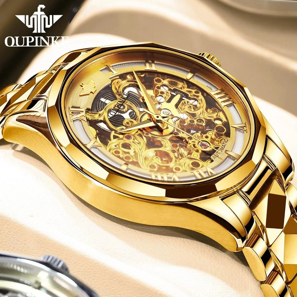 OUPINKE Watches Men Skeleton Automatic Mechanical Wristwatch Luxury Top Brand Sapphire Mirror Tungsten Steel Hollow Montre Homme