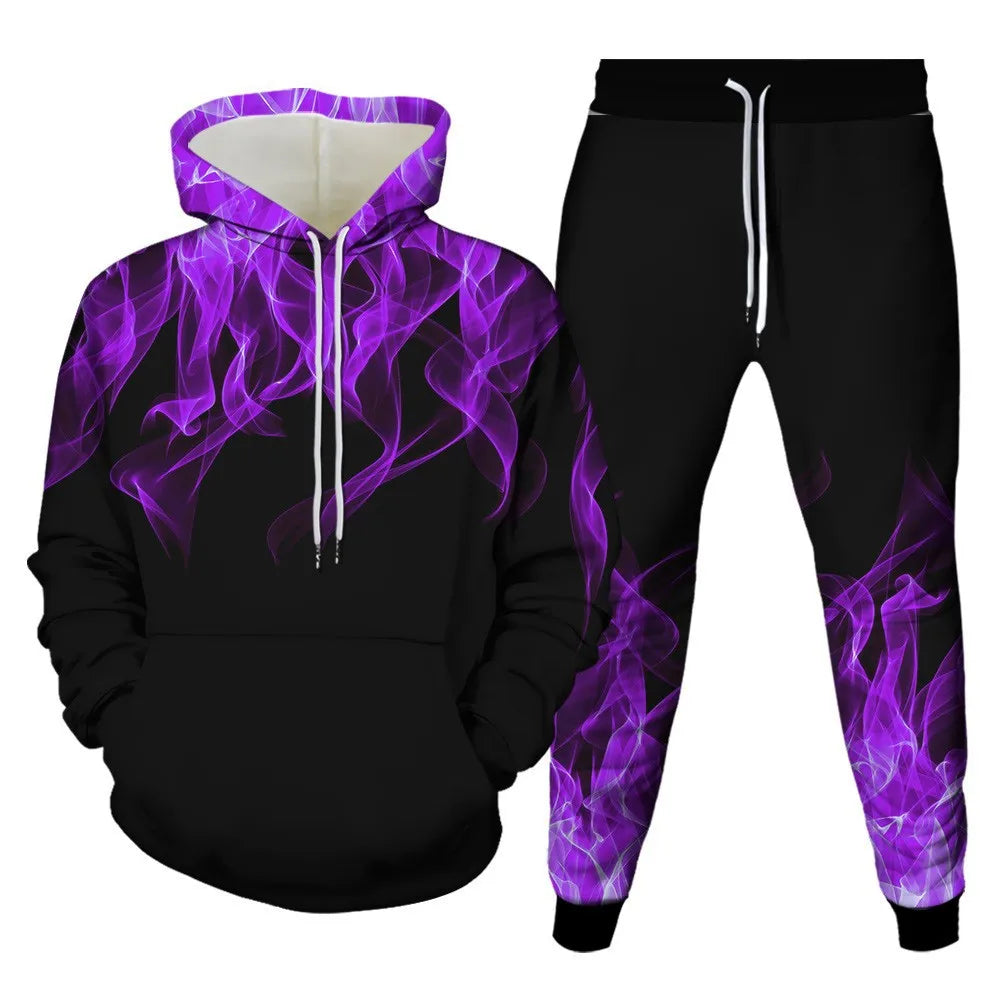 Hoodies Set 3D Print Colored flame Tracksuit Set Man Woman Hoodies+Pants 2pcs Sets Fashion Sportwear kids Pullover Coat Clothing