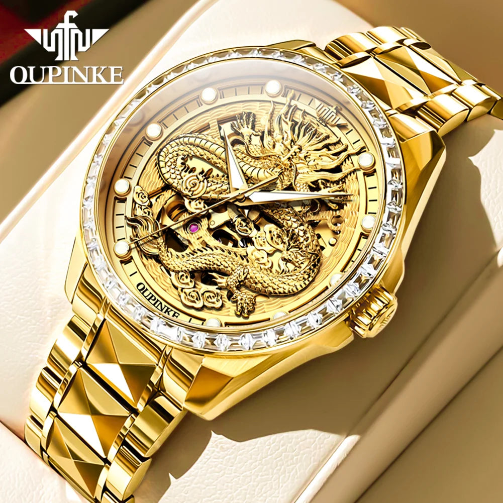 ﻿ OUPINKE 3276 Mens Watch Original luxury Brand Automatic Mechanical Watch﻿ Dragon Dial Watch For Men Moon Phase Watch Mens Gift