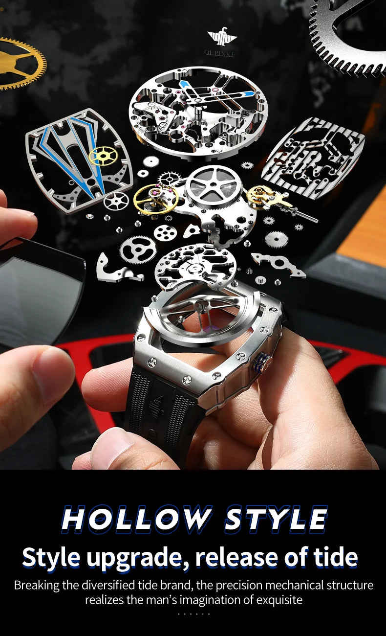 OUPINKE 3179 Men's Watches Top Brand Skeleton Tonneau Automatic Mechanical Luxury Original Watch for Men 5m Waterproof Man Watch