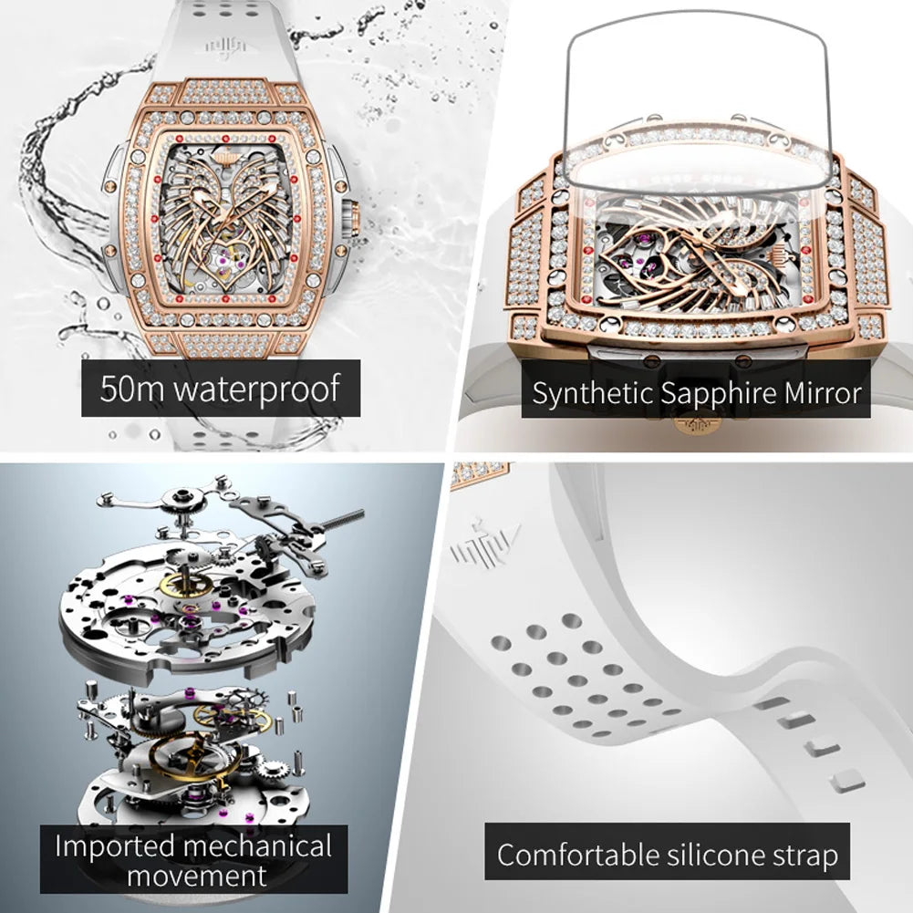 OUPINKE Women's Watches Luxury Fashion Love Diamond Dial Original Automatic Mechanical Watch for Ladies Waterproof Sapphire